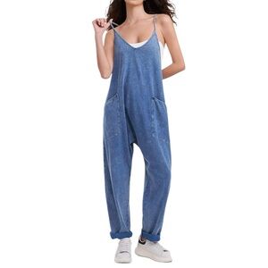 Exlura Blue Casual Jumpsuit With Pockets Bib Trendy